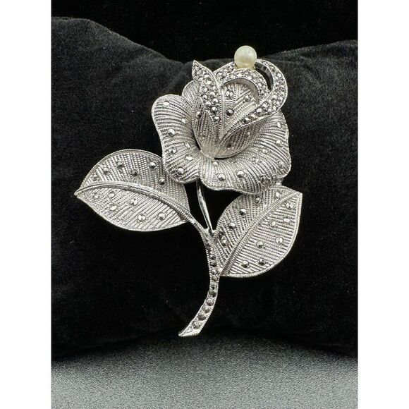 Vintage Jewelry - Vintage Art Deco Sterling Silver 925 Marcasite Faux Pearl Rose Flower Brooch